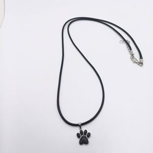 10kt White Gold Cubic Zirconia Dog Paw Print Pendant Black Cord Necklace